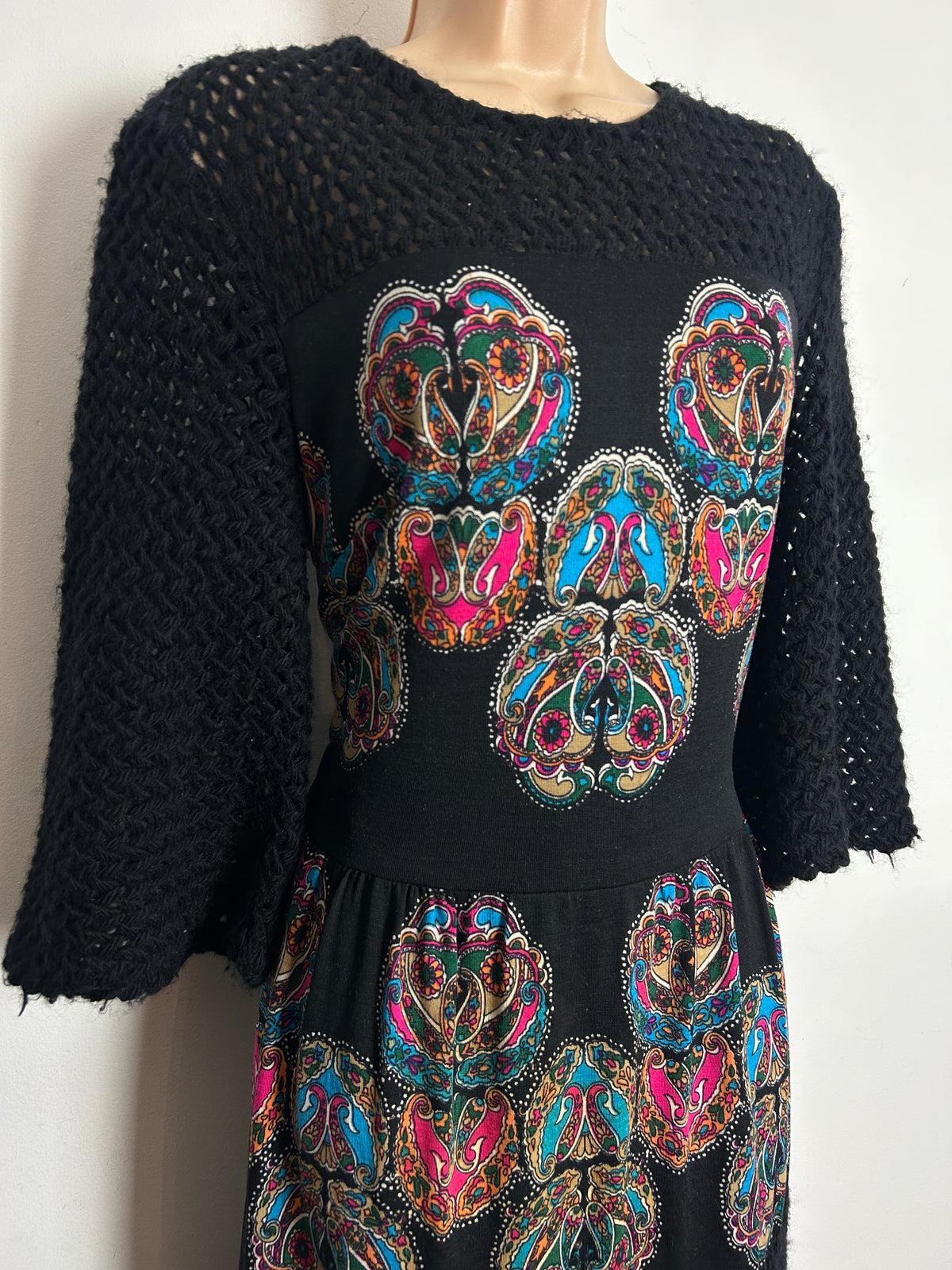 Vintage Early 1970s IRWA Size 12 Black Blue & Pink Nouveau Print Knitted Neck & Sleeves Pure Wool Maxi Dress