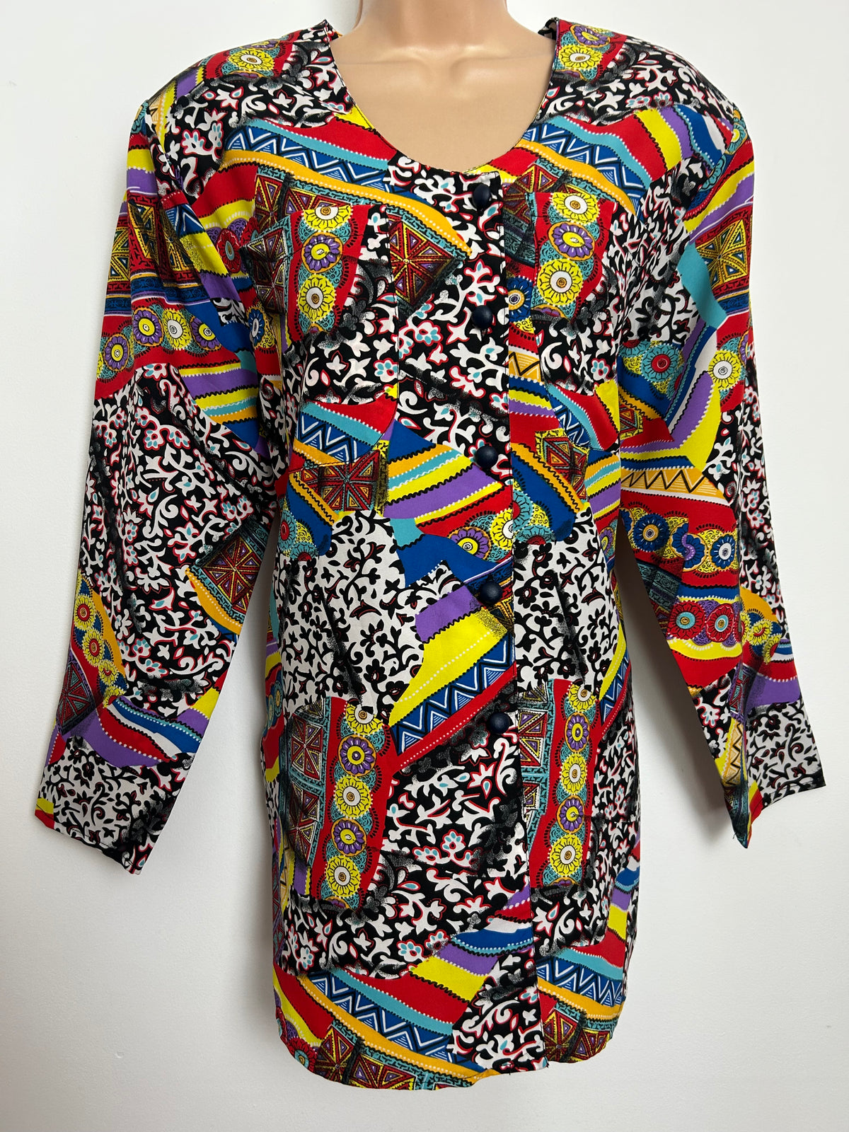 Vintage 1980s Size 12-14 Black Red Yellow Blue & Purple Abstract Print Long Sleeve Pocket Detail Shirt