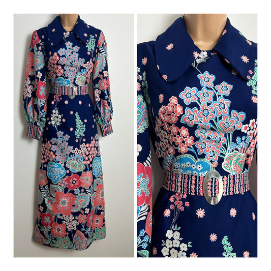 Vintage Late 1960s DONERICA Size 6-8 Navy Blue Coral & Mint Green Floral Print Long Sleeve Maxi Dress