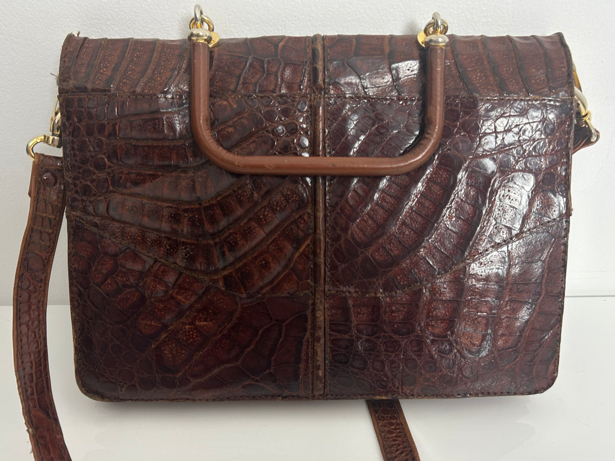 Vintage 1970s Brown Crocodile Skin Leather Handbag With Detachable Shoulder Strap