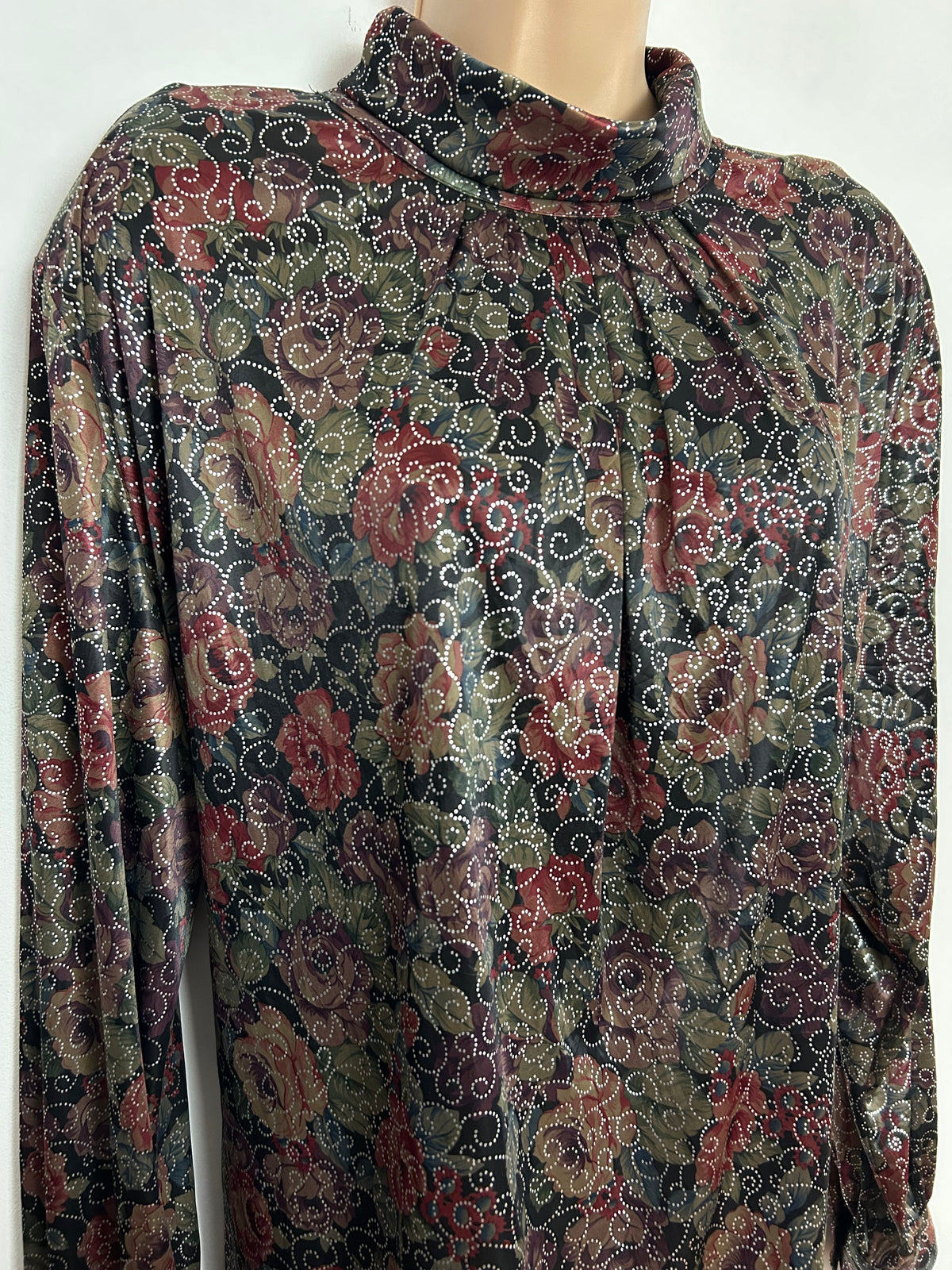 Vintage 1980s UK Size 14-16 Dark Green & Dark Red Shiny Fabric With Silver Swirly Pattern Long Sleeve Top
