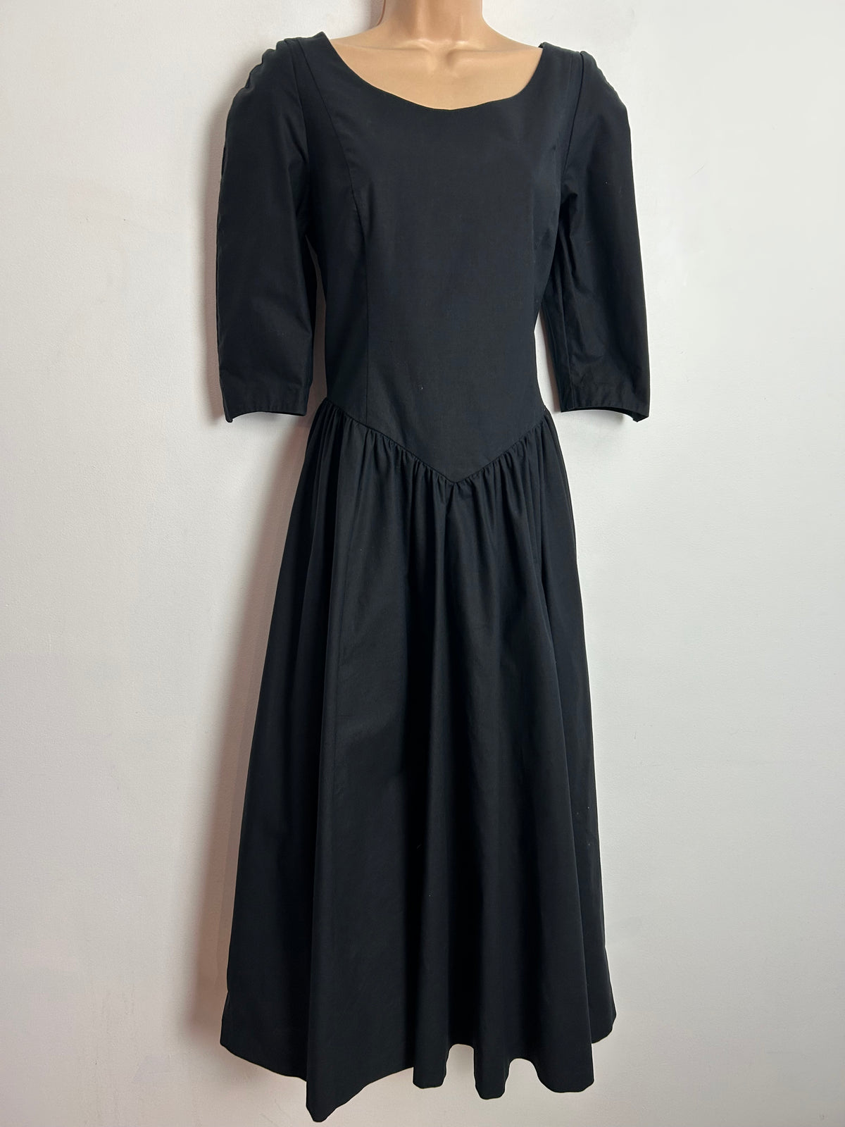 Vintage 1980s LAURA ASHLEY UK Size 12 (14 On Label) Black Surplice Bow Back Dress
