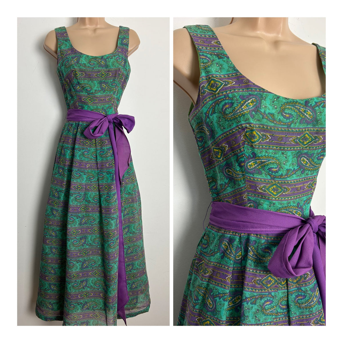 Vintage 1970s Size 6 Green & Purple Paisley Print Cotton Mix Belted Pleated Maxi Dress
