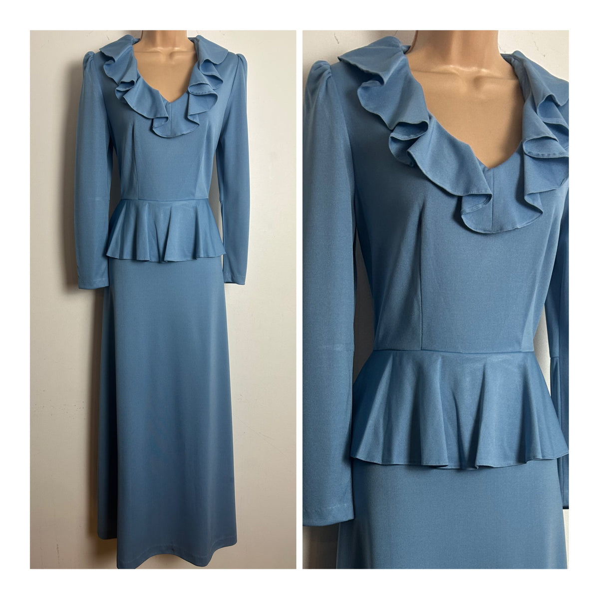 Vintage 1970s DEVONSHIRE LADY Size 8 Powder Blue Long Sleeve Peplum Maxi Dress