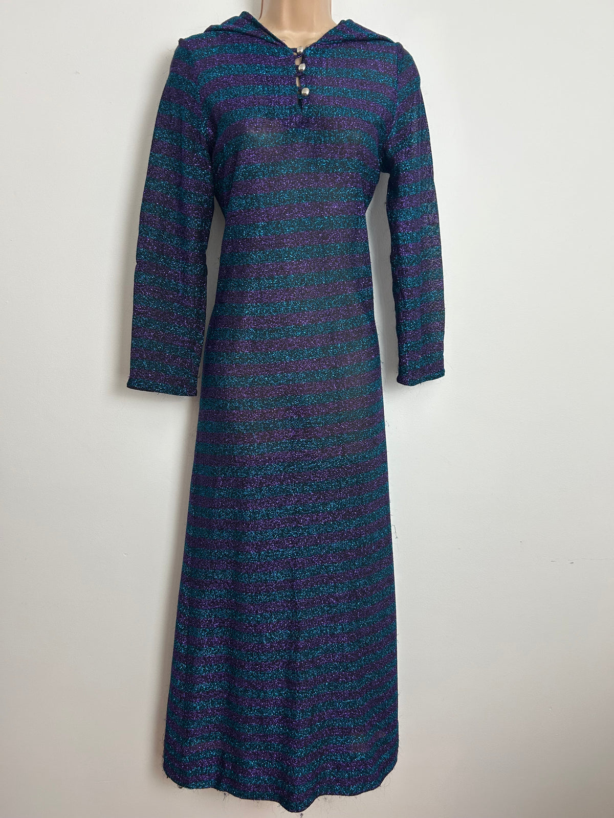 Vintage 1970s Size 6-8 Dark Turquoise & Purple Stripe Print Lurex Shimmery Hooded Occasion Maxi Dress