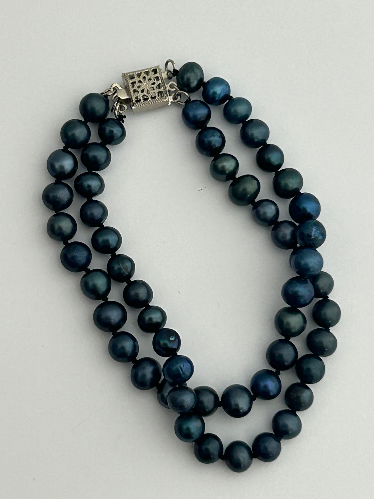 Vintage Blue Dyed Real Cultured Pearl Double Strand Bracelet With 14k Gold Filled Box Clasp