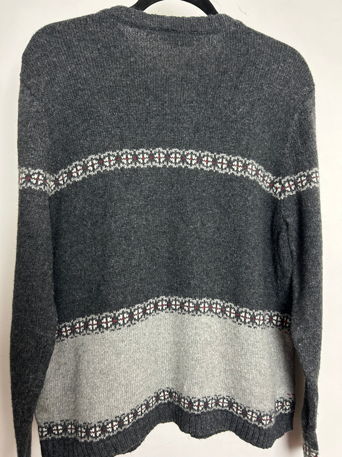 Vintage 1990s CROFT & BARROW Size 14-16 Dark Grey Snowflake & Bird Pattern Zip Up Ramie Mix Cardigan