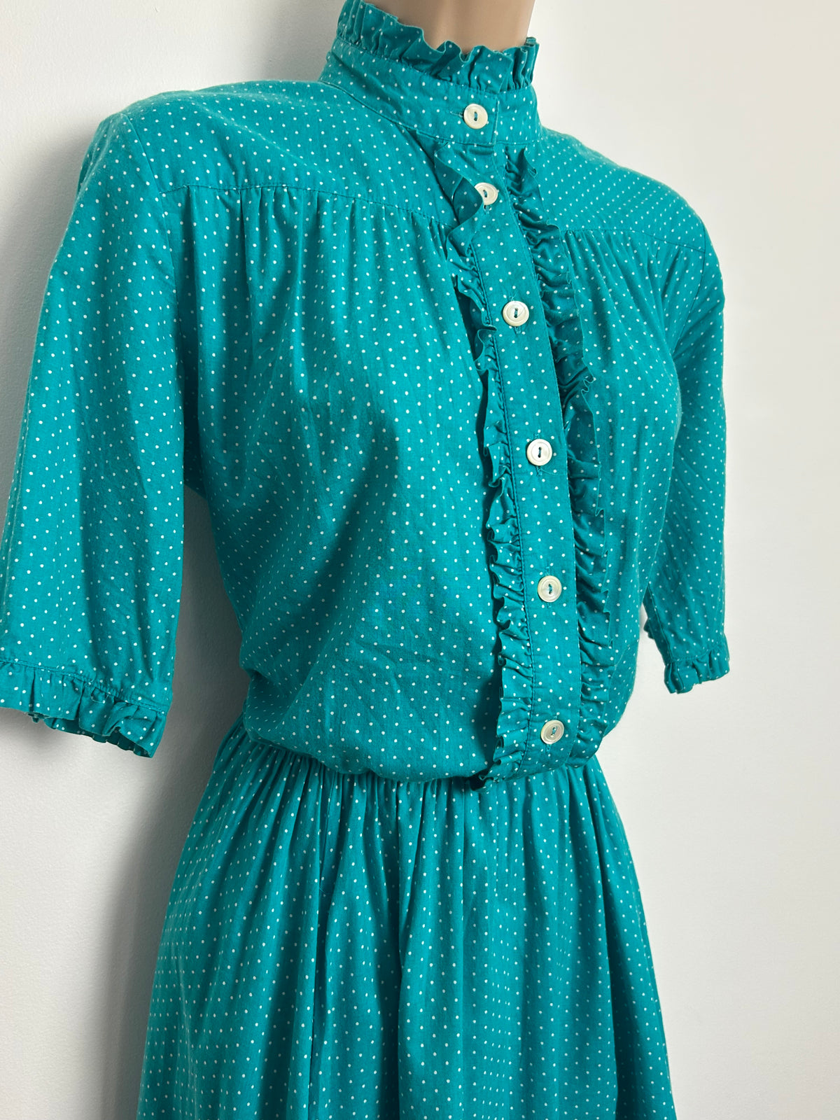 Vintage 1980s LAURA ASHLEY Size 10 Dark Turquoise & White Polka Dot Cotton Tea Dress