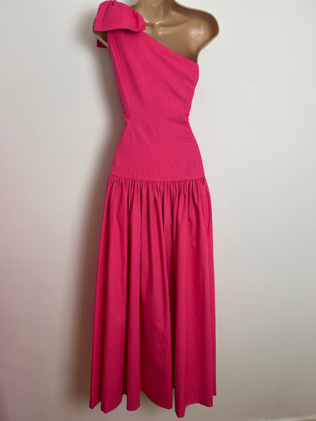Vintage 1980s LAURA ASHLEY Size 8 (Size 12 On Label) Candy Pink One Shoulder Bow Detail Maxi Dress