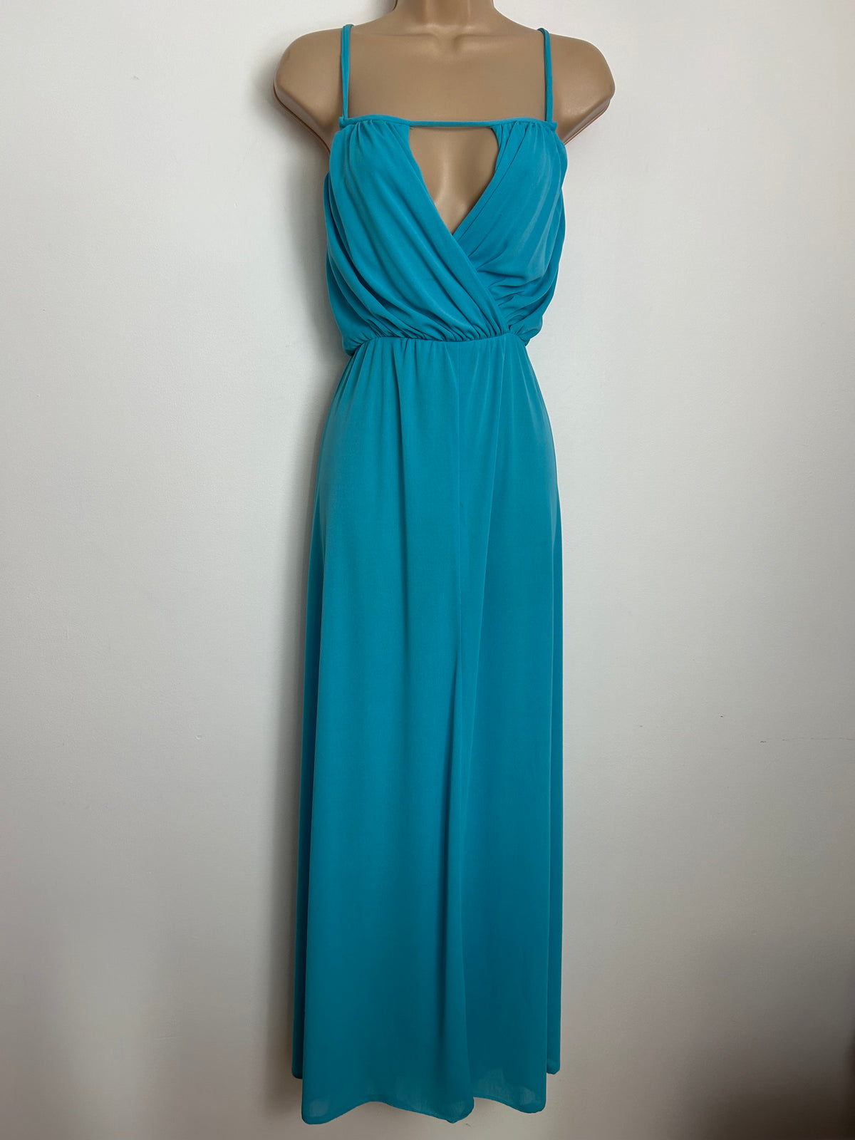 Vintage 1970s Size 12-14 MR DARREN Turquoise Cut Out Panel Strappy Summer Occasion Maxi Dress
