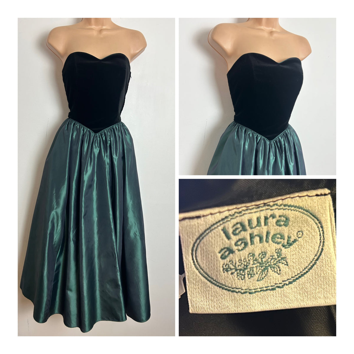 Vintage 1980s LAURA ASHLEY Size 6-8 (Size 12) Black Velvet & Bottle Green Acetate Taffeta Strapless Ballgown Party Dress