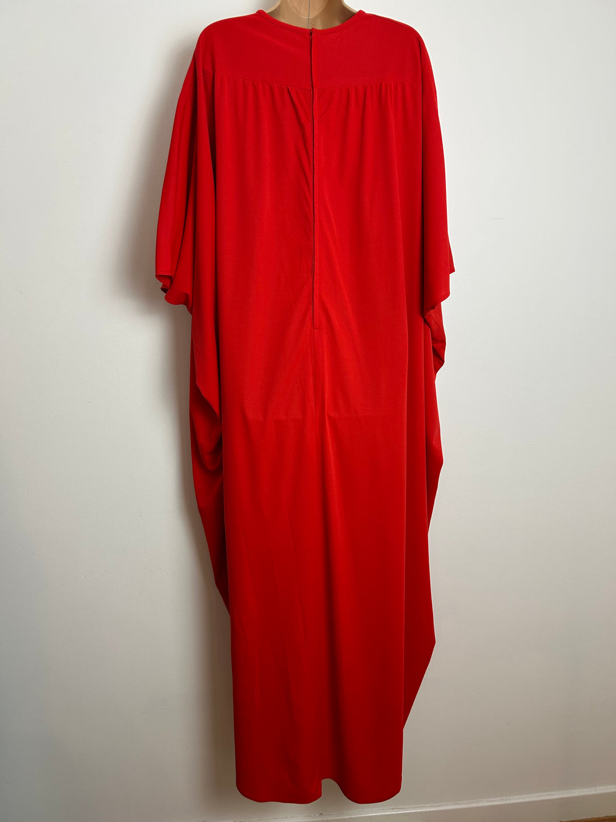 Vintage 1970s EVANS One Size Red Shirred Waist Detail Wide Sleeve Kaftan Maxi Dress
