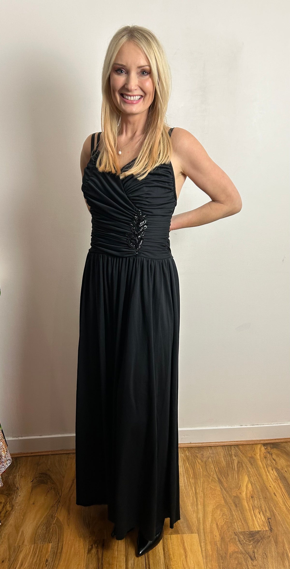 Vintage Late 1970s UK Size 8 Black Ruched & Sequin Detail Evening Occasion Maxi Dress