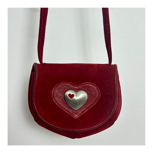 Vintage Early 1980s German Folk Red Suede Heart Detail Oktoberfest Trachten Dirndl Mini Crossbody Bag