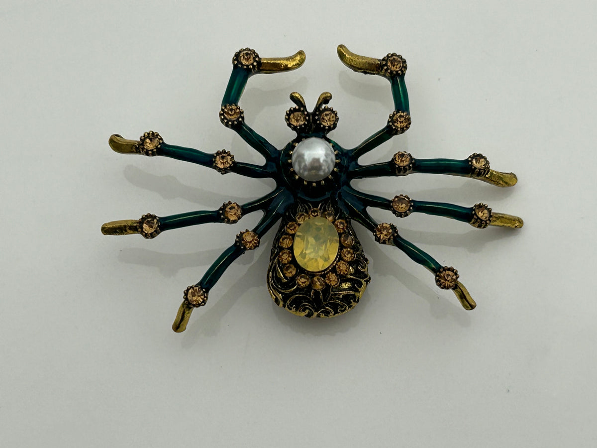 Vintage Gold Tone Green Enamel & Diamante Set Large Spider Pin Brooch