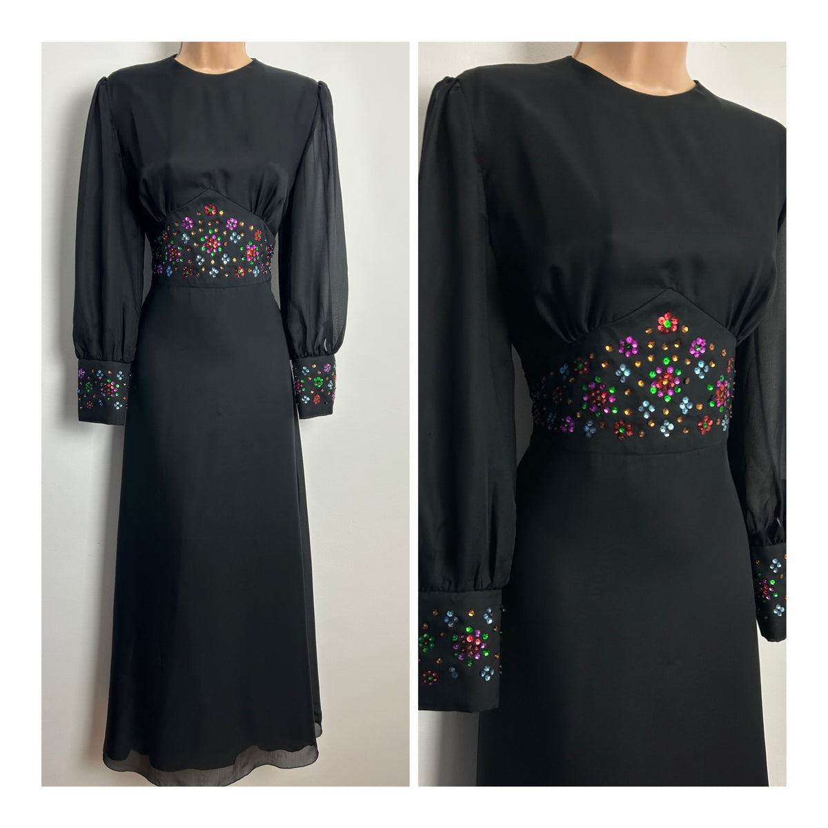 Vintage 1970s KLEEMIER HOFF Size 10 Black Chiffon Multicolour Sequin Detail Long Sleeve Occasion Maxi Dress