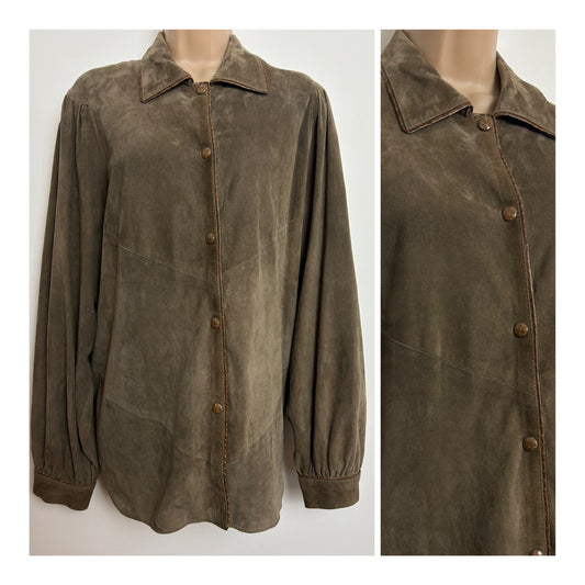 Vintage 1980s Size 14 Brown Real Suede Leather Trim Shacket Style Jacket