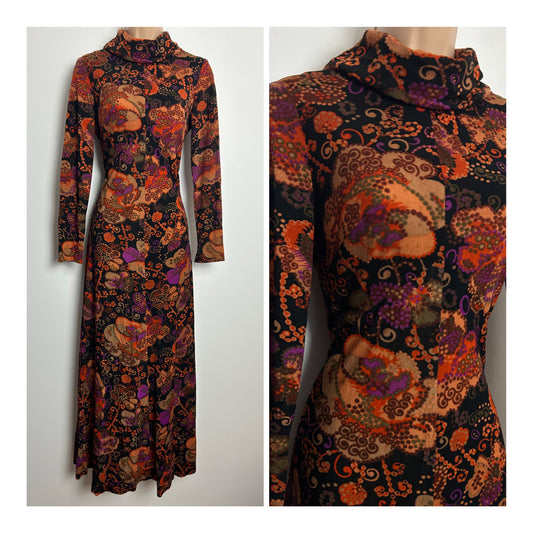 Vintage 1970s Size 8-10 Black Orange & Brown Floral Print Long Sleeve Maxi Dress