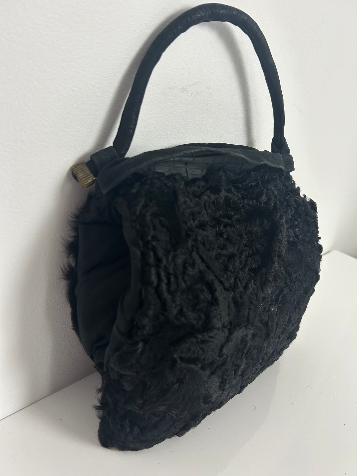 Vintage 1940s Black Persian Lamb & Suede Muff Handwarmer Handbag