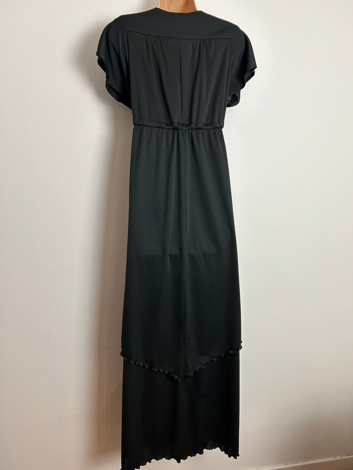 Vintage 1970s UK Size 8-10 Black Plunge V-Neck Draw Tie Waist Layered Maxi Dress