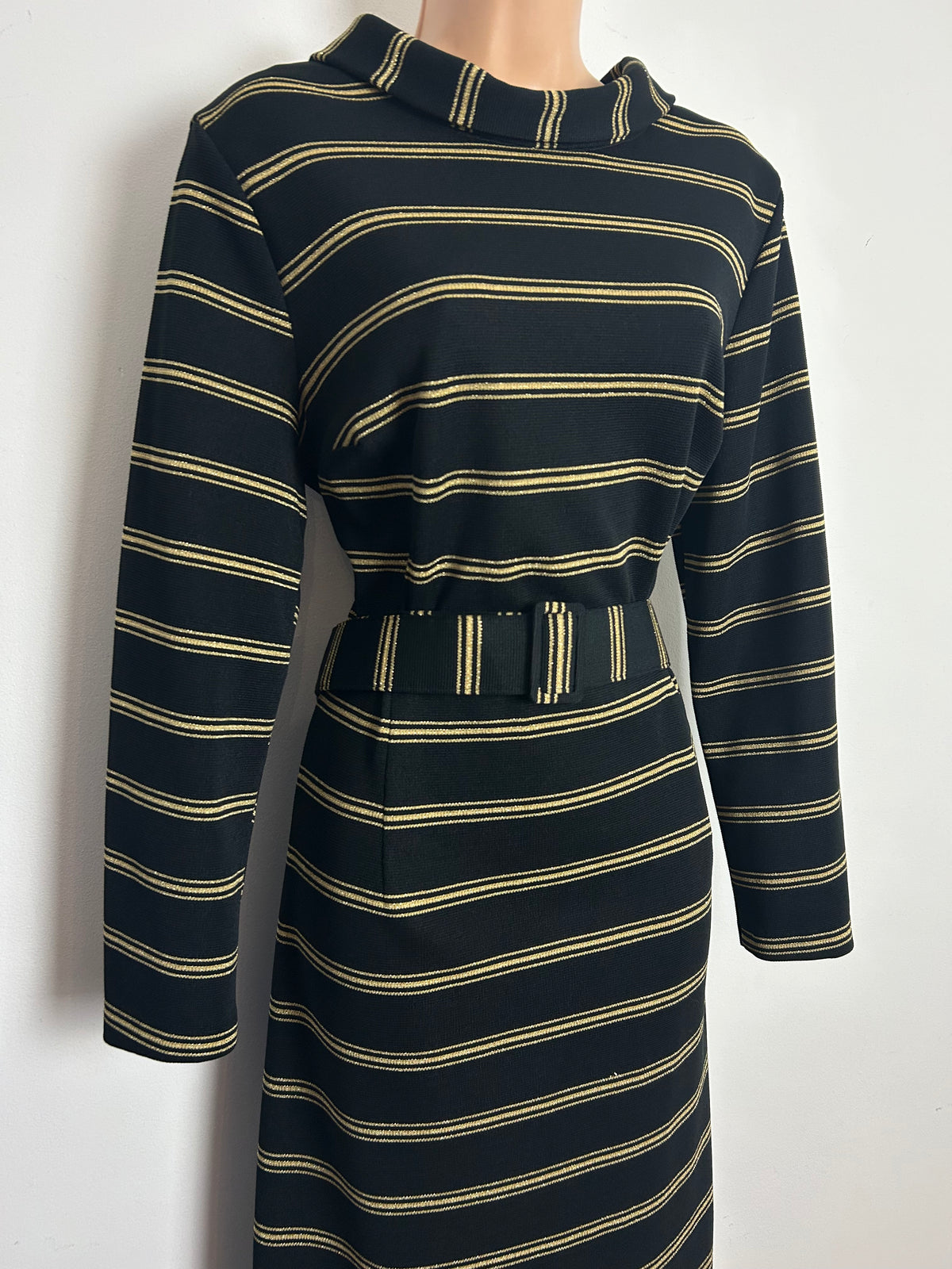 Vintage 1970s Size 14 Black & Metallic Gold Stripe Print Belted Evening Maxi Dress