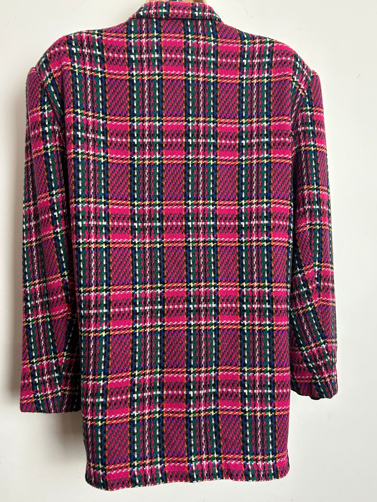 Vintage 1980s Size 14 Pink Green Blue & Yellow Check Print Wool Mix Blazer