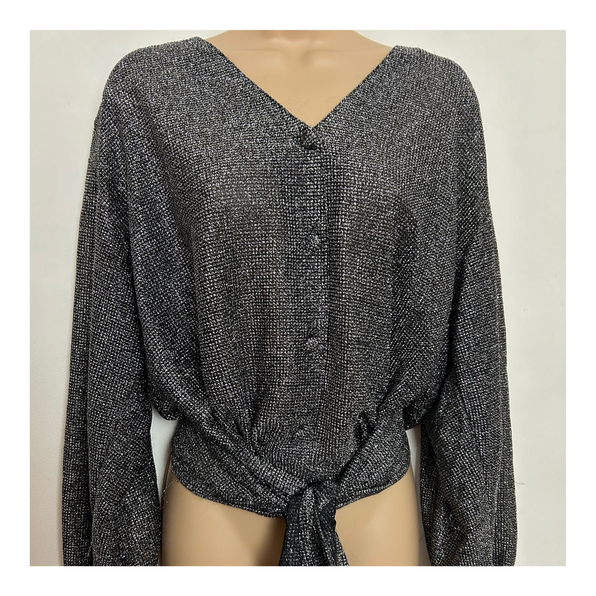 Vintage 1980s UK Size 14-16 Black & Silver Lurex Tie Fronted Party Blouse/Top