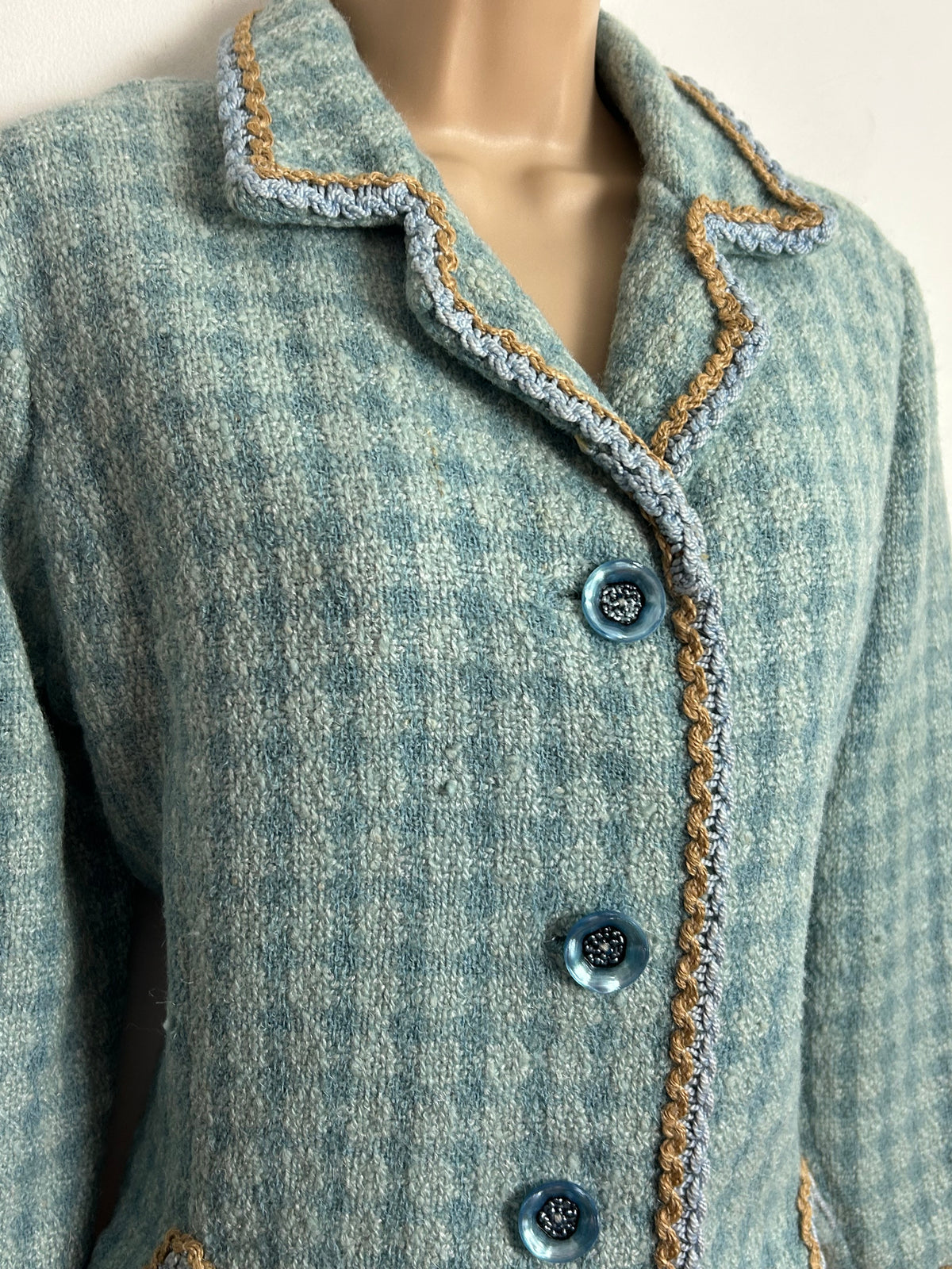Vintage 1960s UK Size 12-14 Blue Tones Check Wool Mix Braid Trim Fully Lined Boucle Jacket
