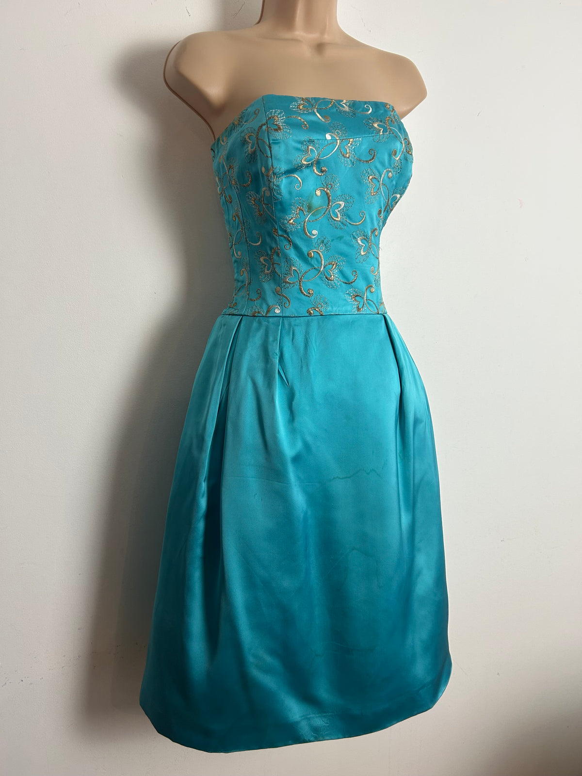 Vintage Early 1960s BERNARD FRERES Size 10 Turquoise Satin Embroidered Bodice Party Prom Occasion Dress