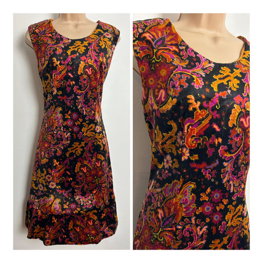 Vintage 1960s Size 10 Black Orange & Pink Floral Print Mod Shift Dress