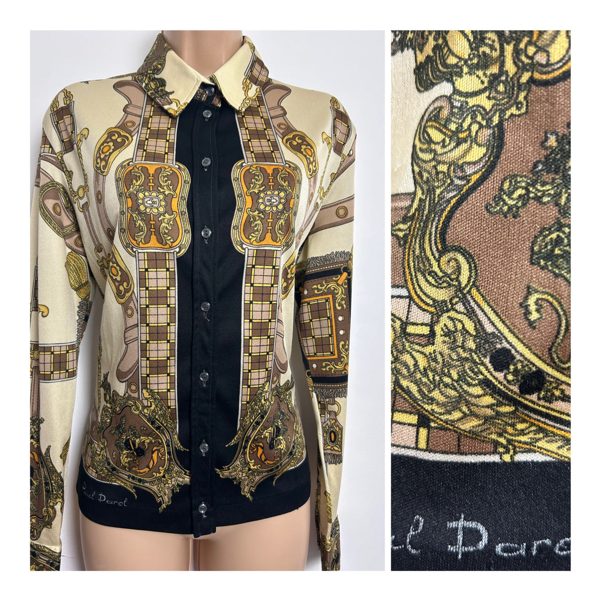 Vintage Early 1980s Size 14 PAUL DAREL SIGNED Cream & Brown Baroque Equestrian Print Shirt