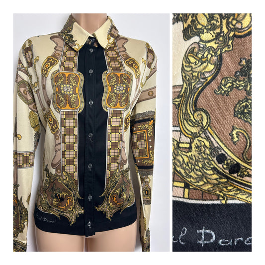 Vintage Early 1980s Size 14 PAUL DAREL SIGNED Cream & Brown Baroque Equestrian Print Shirt