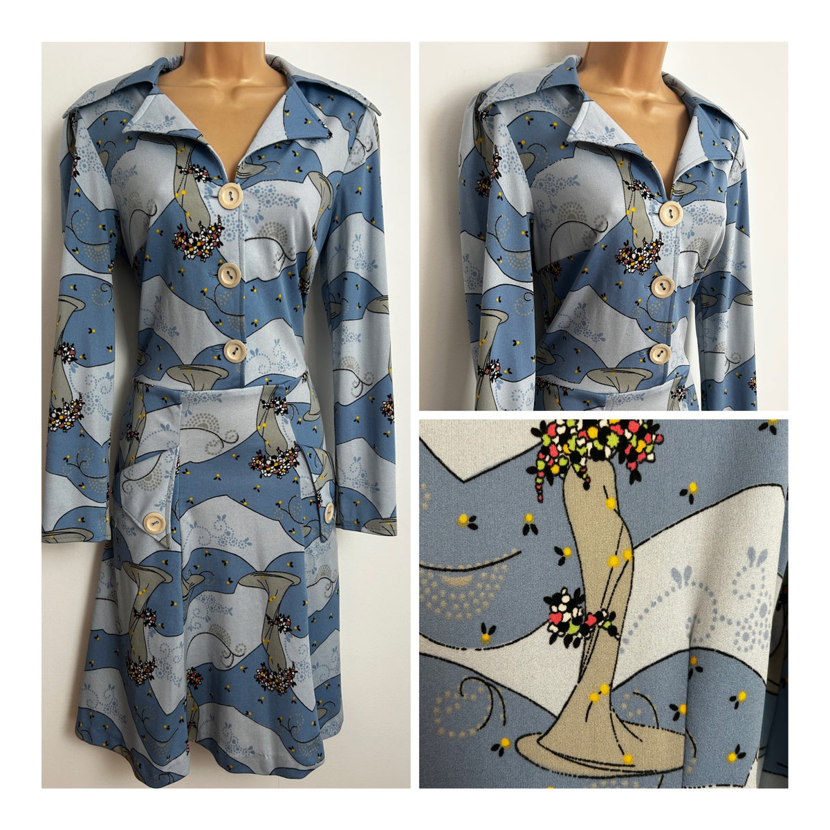 Vintage Early 1970s Size 12 Pale Blue Tones Stylised Art Deco Fashion Illustration Print Dagger Collar Day Dress
