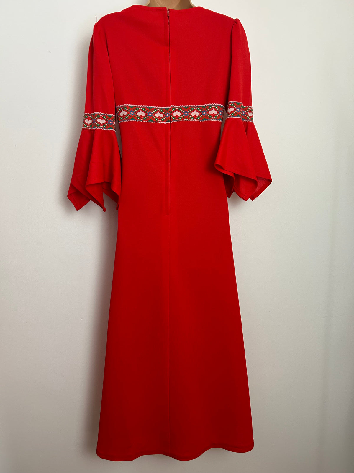 Vintage 1970s Size 10 Red & White Heart Braid Trim  Flared Cuff Boho Midaxi Dress