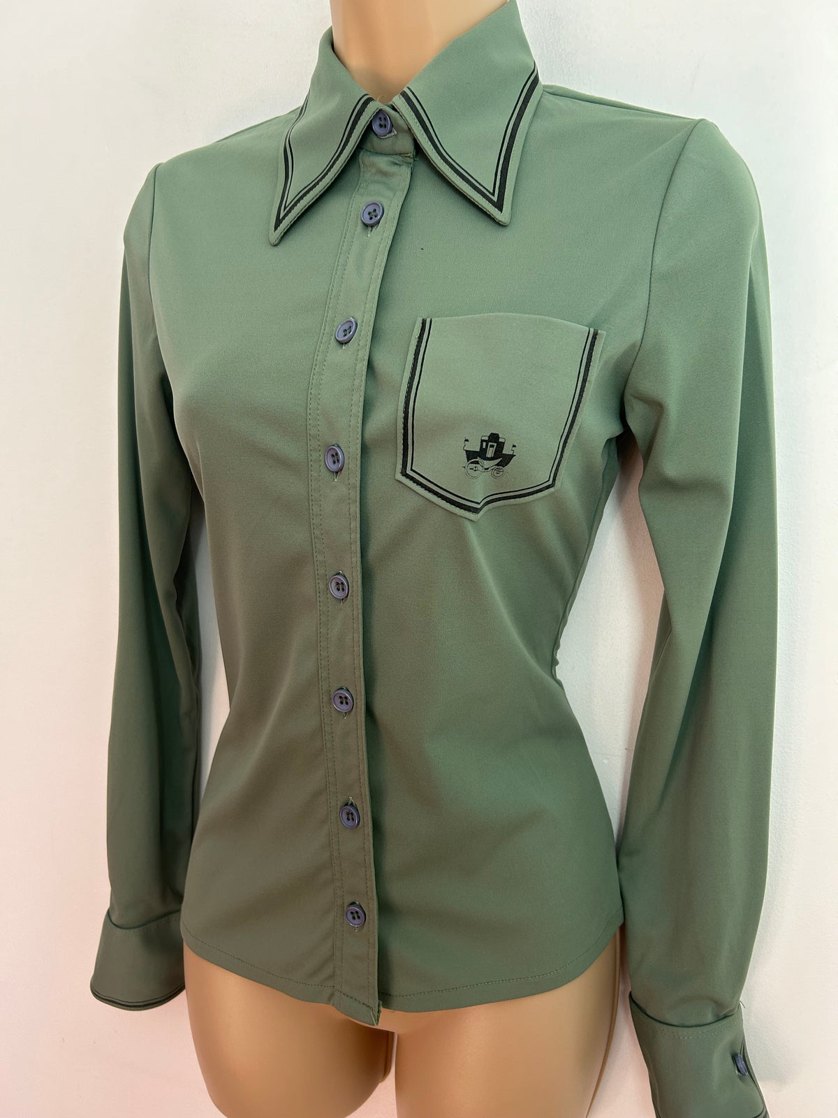 Vintage 1970s UK Size 8 Sage Green Stripe Print Pocket Detail Long Sleeve Shirt