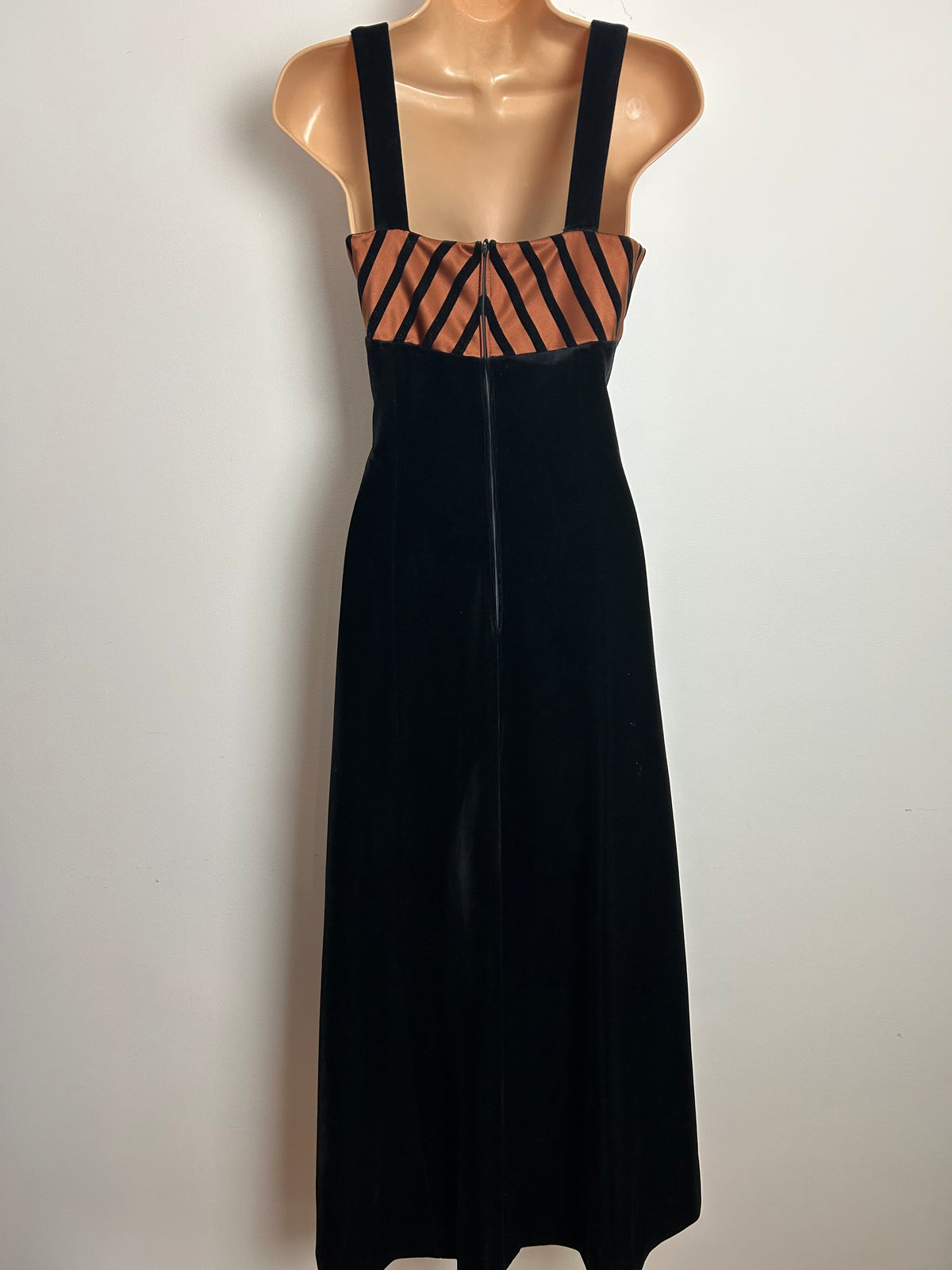 Vintage Early 1980s VERA MONT FRANCE Size 8-10 Black Velvet & Bronze Satin Stripe Panel Occasion Evening Maxi Dress