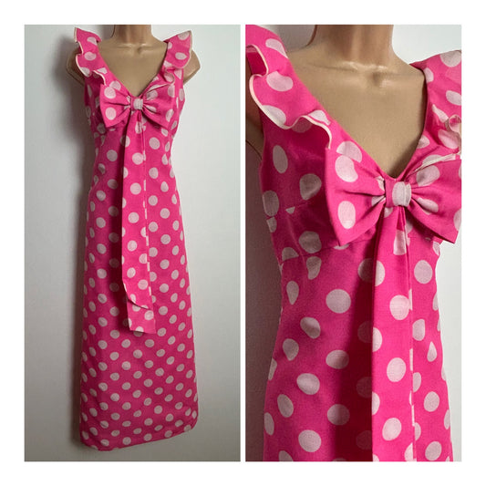 Vintage Early 1970s Size 8 Candy Pink & White Spot Print Ruffle & Bow Detail Sleeveless Maxi Dress