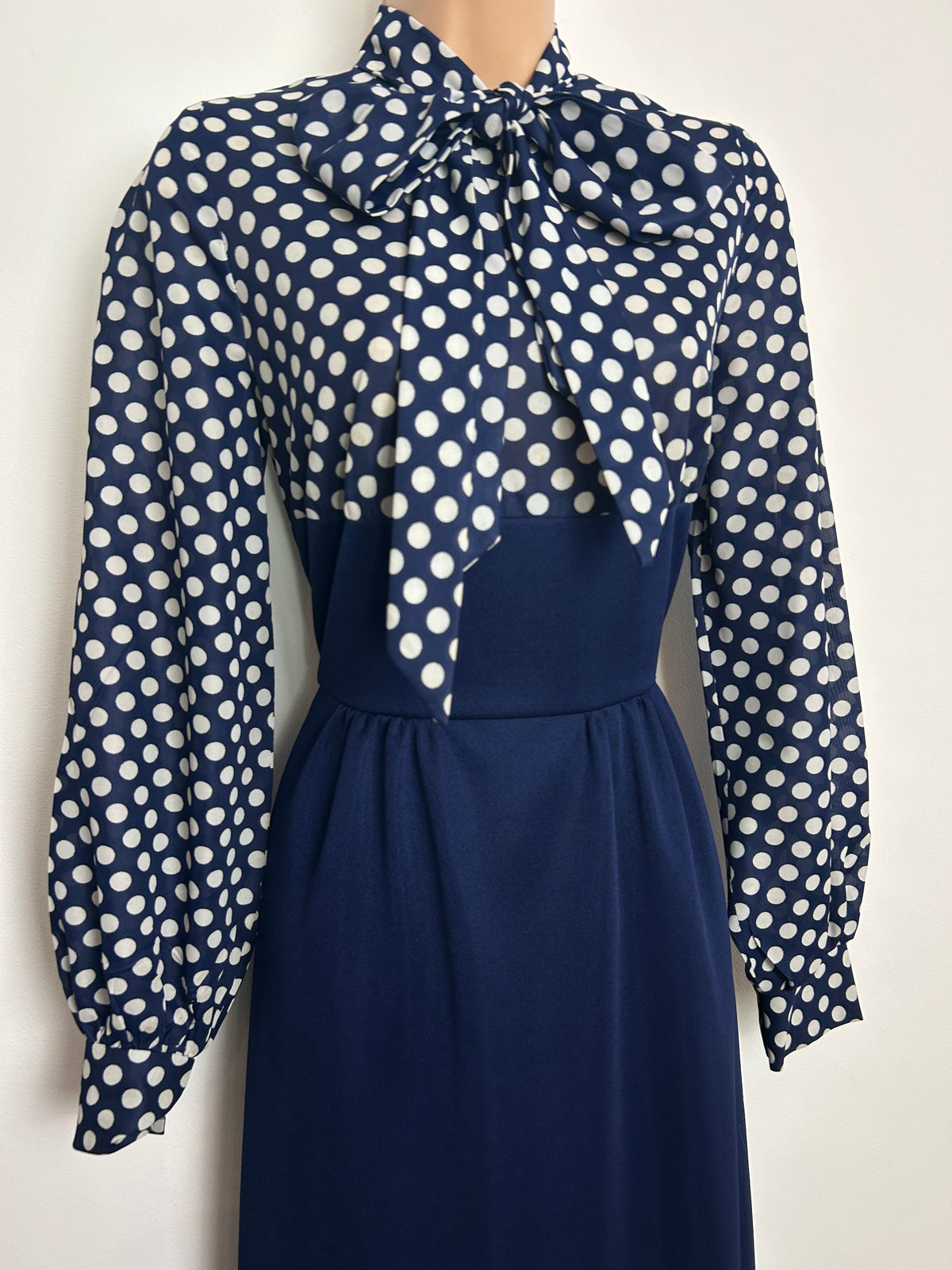 Vintage 1970s BARNABY Size 8 Navy Blue & White Polka Dot Pussy Bow Maxi Dress & Matching Waistcoat