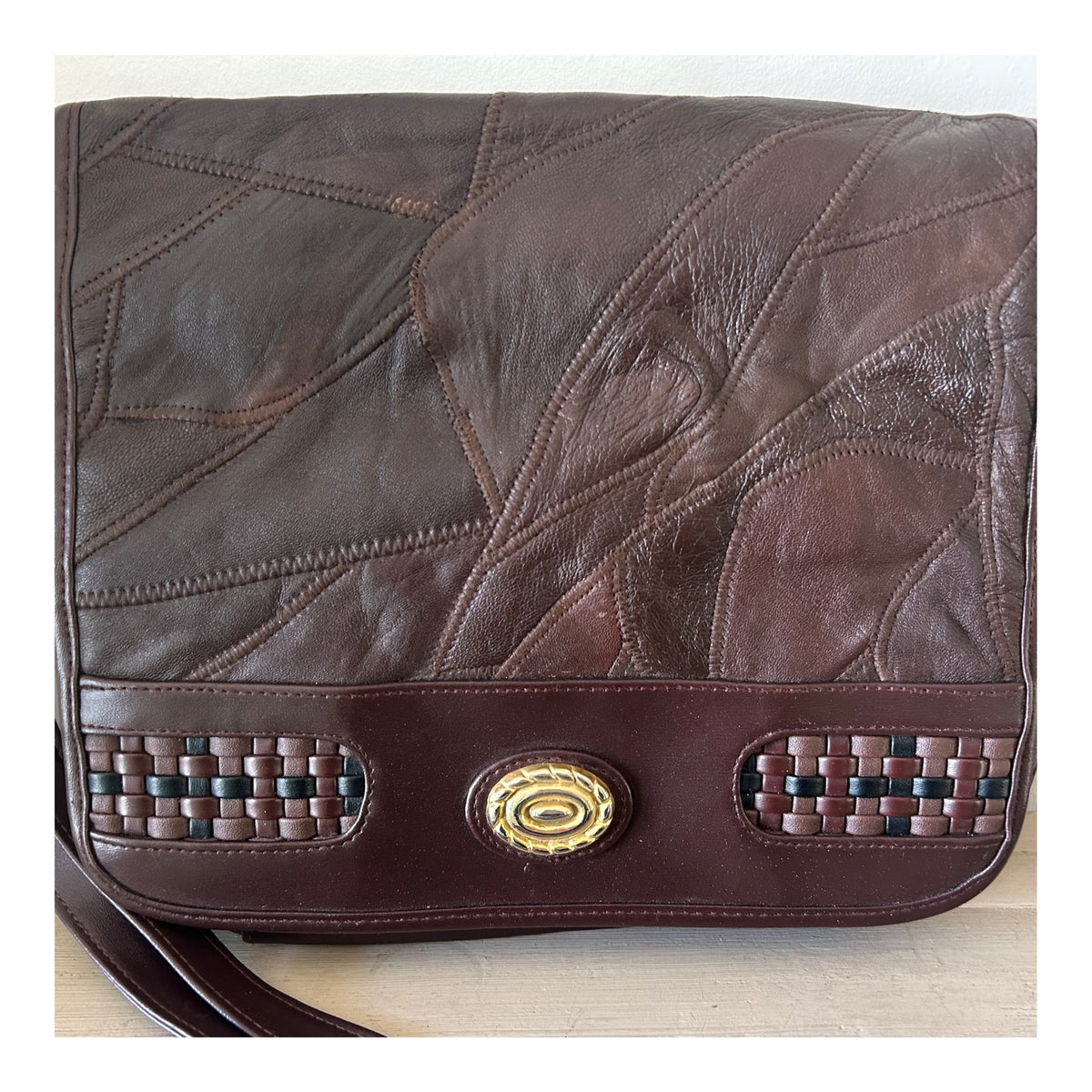 Vintage 1980s Brown Leather Patchwork Style Shoulder Or Cross Body Bag