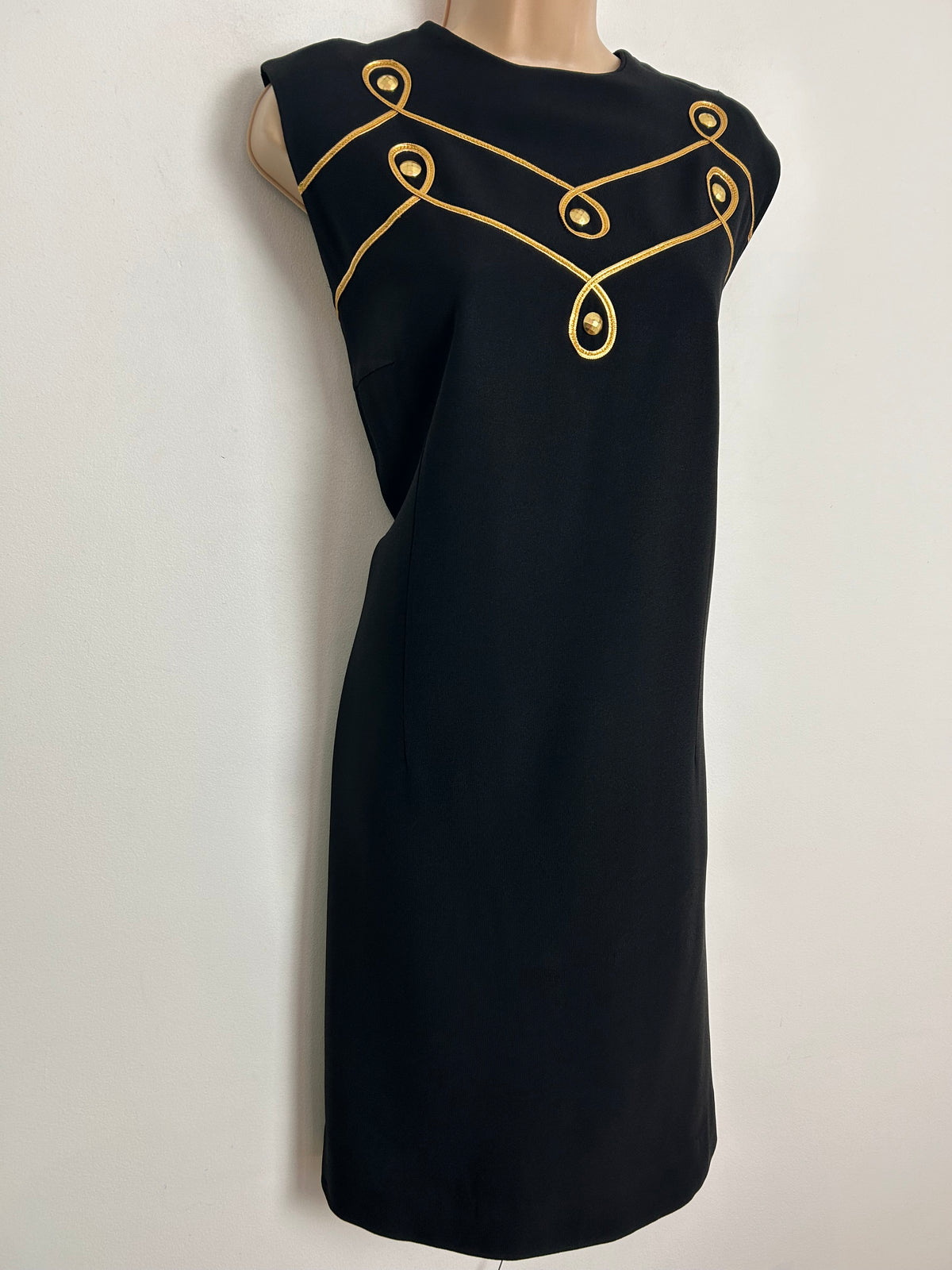 Vintage 1960s UK Size 14 Black & Gold Braid Trim Little Black Evening Party Mod Shift Dress