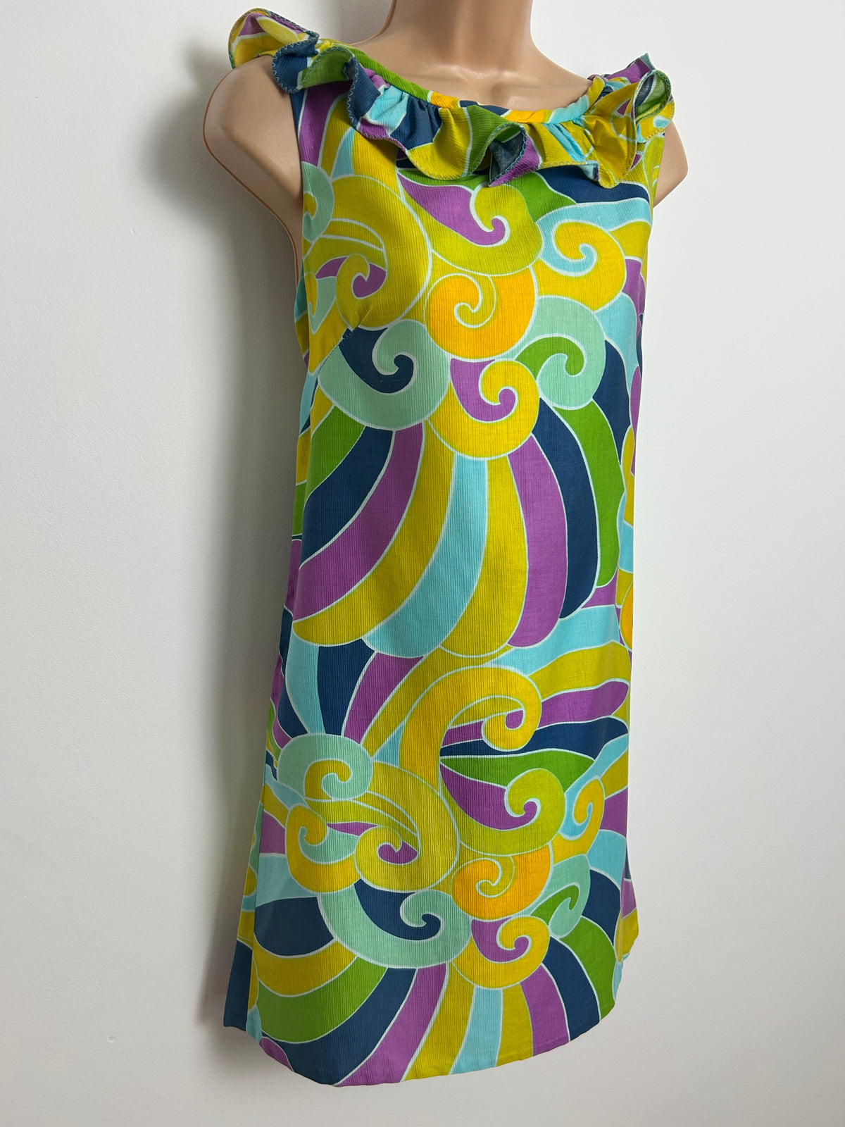 Vintage 1960s Size 10-12 Yellow Blue Purple & Green Swirl Print Ruffle Trim Shift Dress