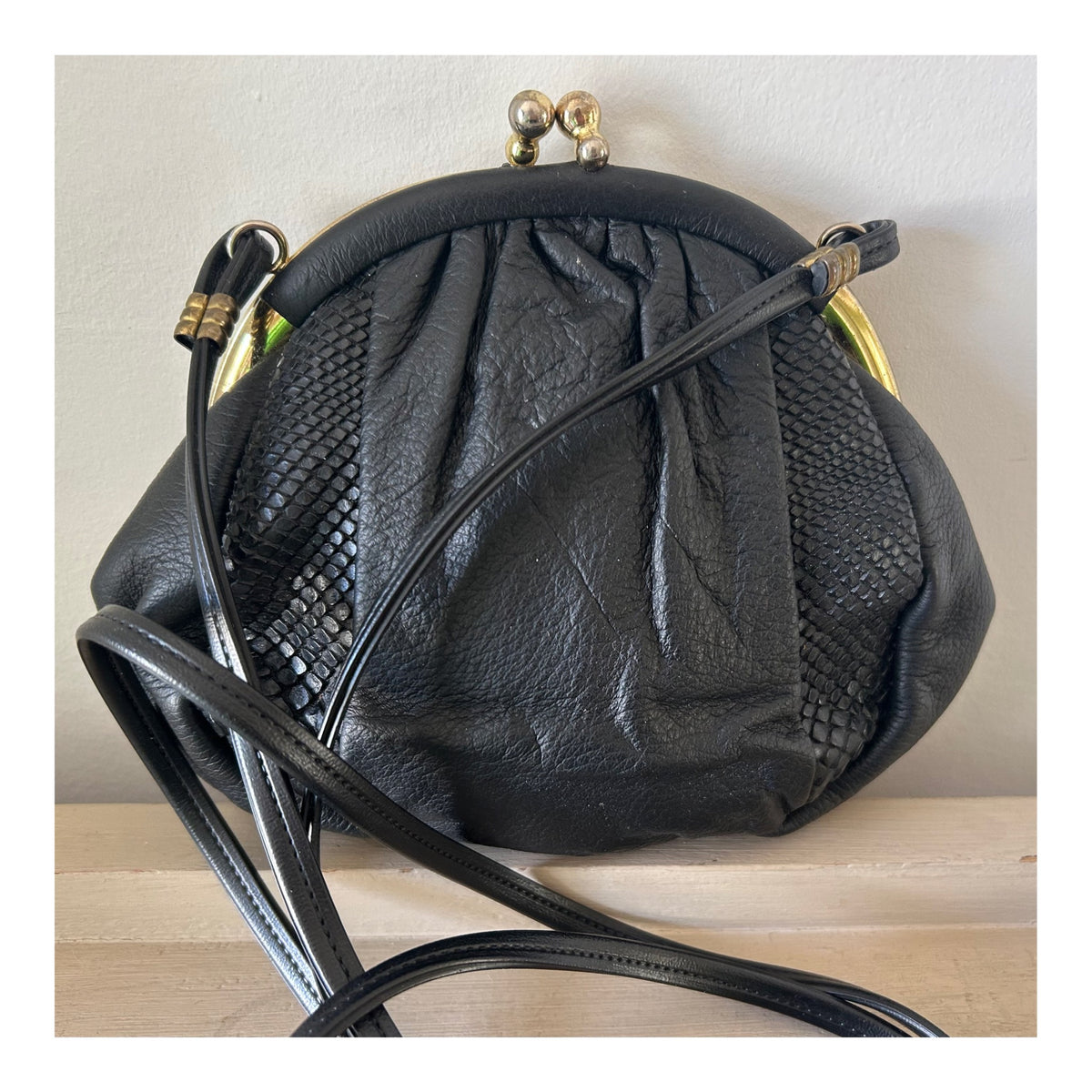 Vintage 1980s Small Black Faux Leather Reptile Pattern Detail Shoulder Messenger Bag