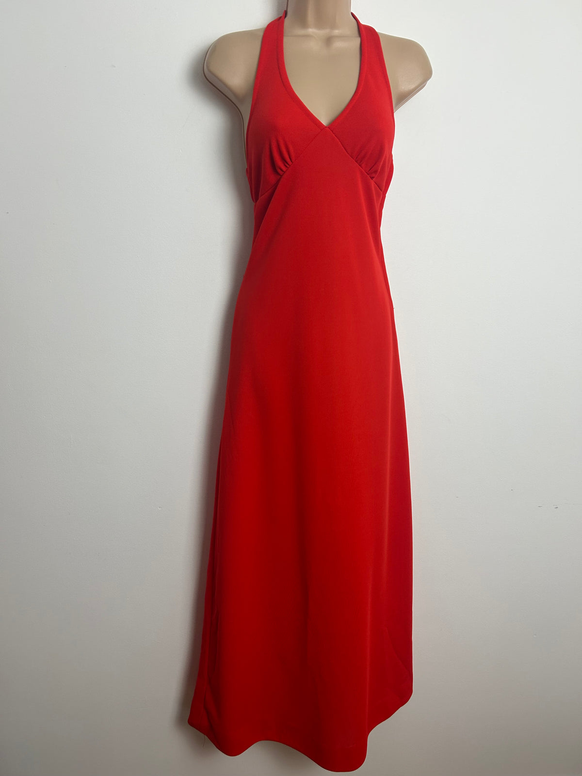 Vintage 1970s SHELANA Red Halterneck Racer Back Maxi Dress Size 8
