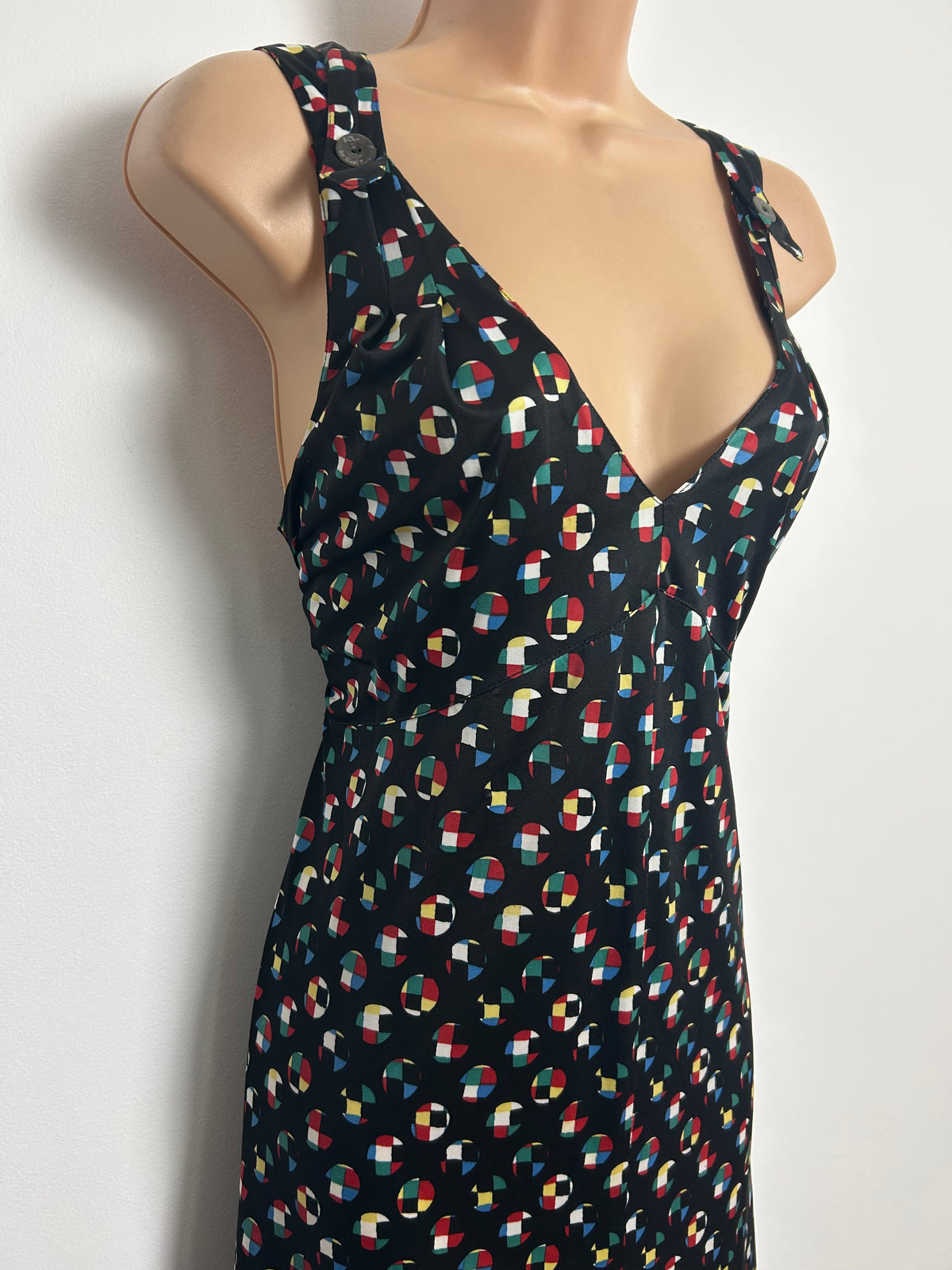 Vintage Late 1980s Early 1990s KL By KARL LAGERFELD Size 12 Black Geometric Print Cross Strap Maxi Dress