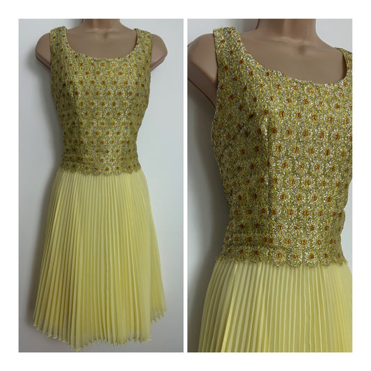 Vintage 1960s CAROLA Size 8 Lemon Gold & Silver Lace Overlayer Accordion Pleated Occasion Dress