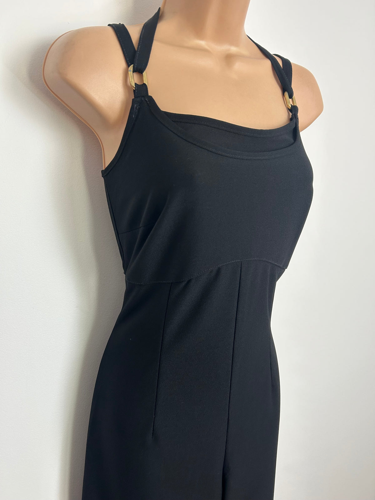 Vintage Late 1970s Size 8 Black Strappy Wide Straight Leg Jumpsuit