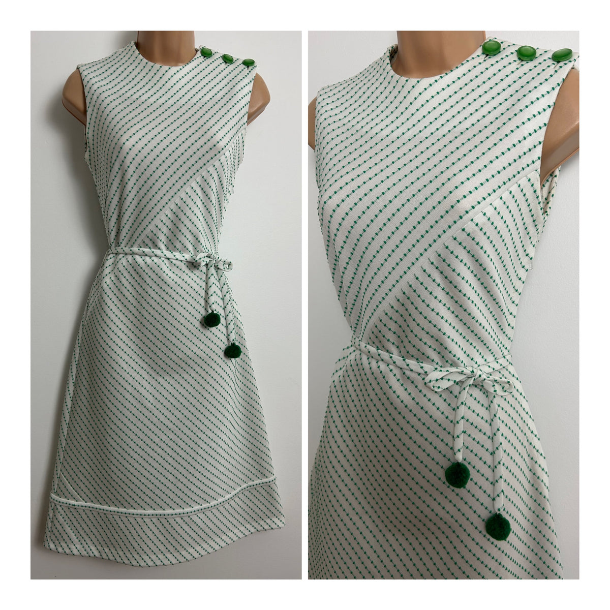 Vintage 1970s Size 8 White & Green Crimplene Sleeveless Belted Mod Day Dress