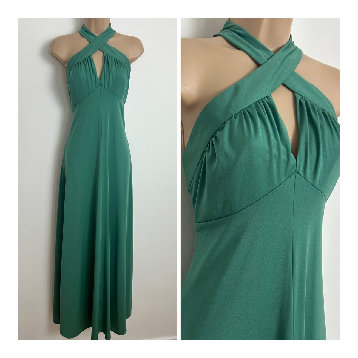 Vintage 1970s PENNY MIST Size 10-12 Green Cross Strap Halterneck Maxi Dress