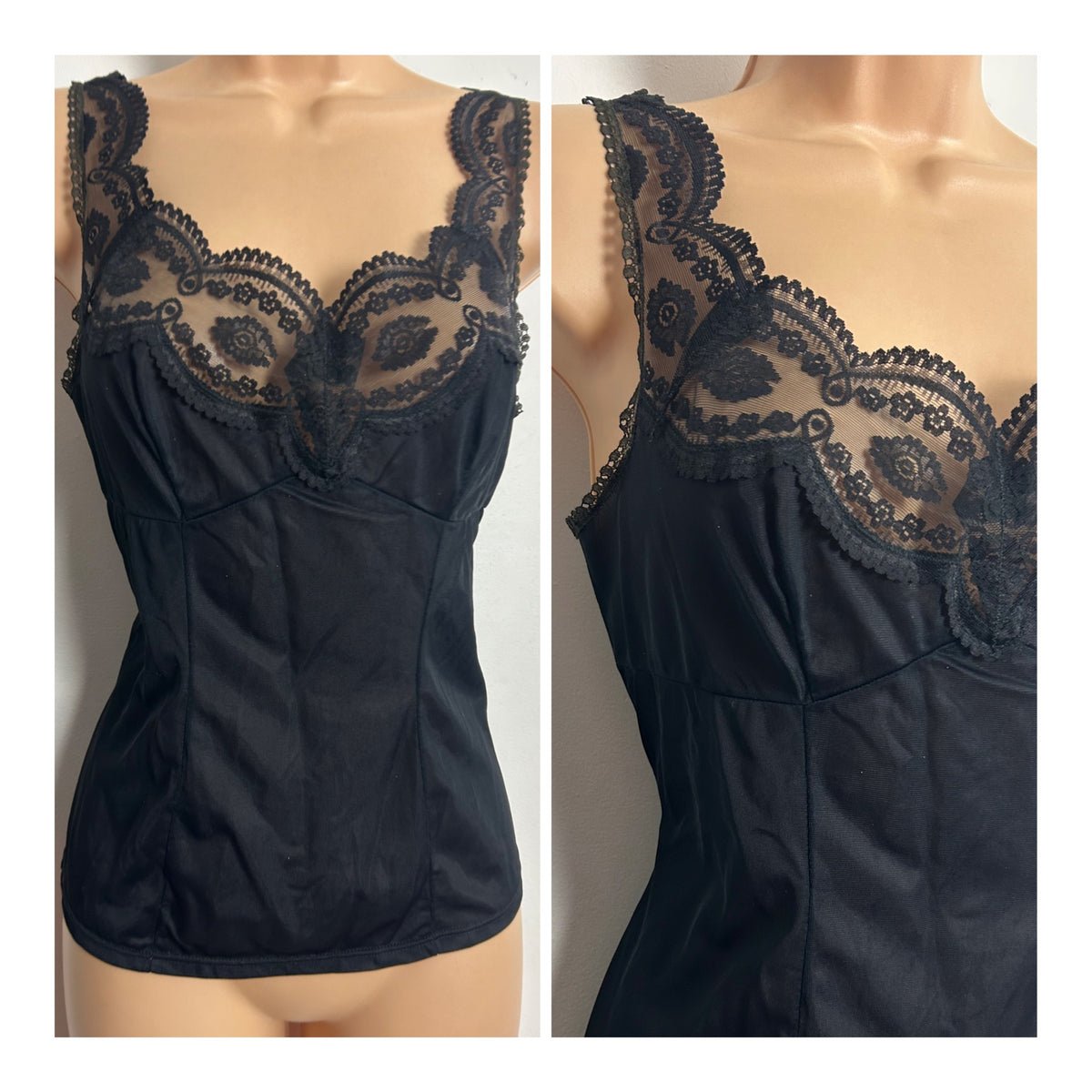 Vintage Size 10 Pretty Black Lace Detail Nylon Camisole