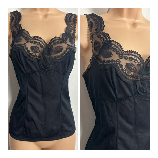 Vintage Size 10 Pretty Black Lace Detail Nylon Camisole